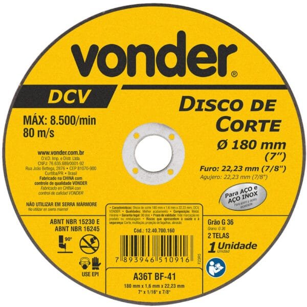Disco Corte 7X1.6Mmx7/8 Inox Dcv Vonder