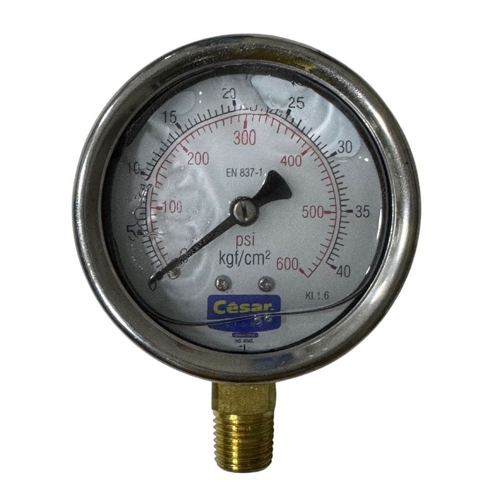 MANOMETRO 063MM 0600PSI/40KGF 1/4 NPT INF INTERNO LATAO CAIXA INOX GLICERINA CESAR