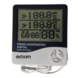 TERMO-HIGROMETRO DIGITAL SENSOR EXTERNO INTERNO MEDIDOR DE TEMPERATURA UMIDADE AR E RELOGIO DIGITAL EXBOM