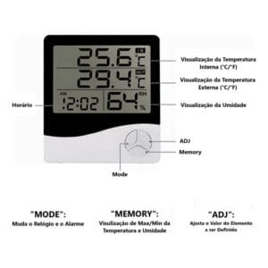 TERMO-HIGROMETRO DIGITAL SENSOR EXTERNO INTERNO MEDIDOR DE TEMPERATURA UMIDADE AR E RELOGIO DIGITAL EXBOM - FUNCOES