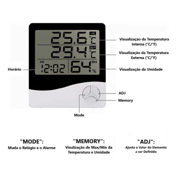 Termo-Higrometro Digital Sensor Externo Interno Medidor De Temperatura Umidade Ar E Relogio Digital Exbom - Funcoes