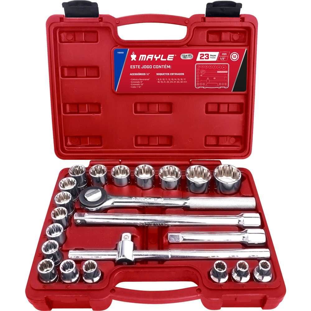 Jogo De Soquetes Estriados Encaixe 1/2 08 A 32Mm 23Pc Mayle