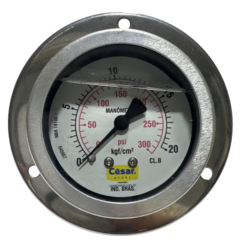Manometro 060Mm 0300Psi/20Kgf 1/4 Npt Traseiro Interno Latao Caixa Aco Inox Com Flange Glicerina Cesar W 1 Manometro 060Mm 0300Psi/20Kgf 1/4 Npt Traseiro Interno Latao Caixa Aco Inox Com Flange Glicerina Cesar W - Principal