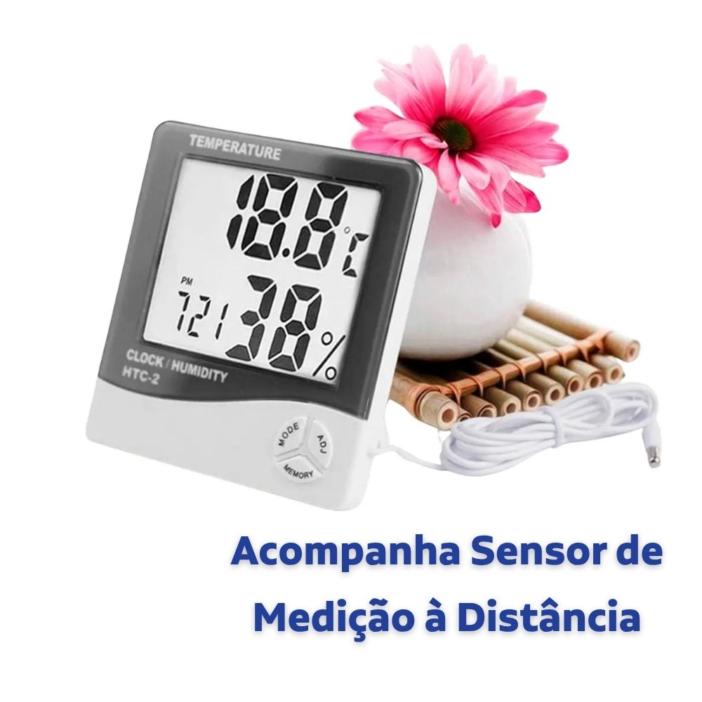 Termo-Higrometro Digital Sensor Externo Interno Medidor De Temperatura Umidade Ar E Relogio Digital Htc-2 2 Termo-Higrometro Digital Sensor Externo Interno Medidor De Temperatura Umidade Ar E Relogio Digital Htc-2 - Imagem 2