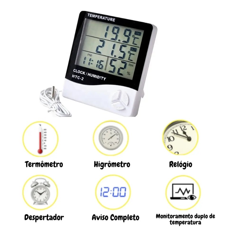 Termo-Higrometro Digital Sensor Externo Interno Medidor De Temperatura Umidade Ar E Relogio Digital Htc-2 3 Termo-Higrometro Digital Sensor Externo Interno Medidor De Temperatura Umidade Ar E Relogio Digital Htc-2 - Imagem 3