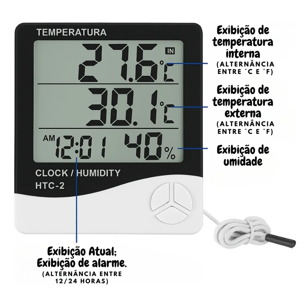 Termo-Higrometro Digital Sensor Externo Interno Medidor De Temperatura Umidade Ar E Relogio Digital Htc-2 4 Termo-Higrometro Digital Sensor Externo Interno Medidor De Temperatura Umidade Ar E Relogio Digital Htc-2 - Imagem 4